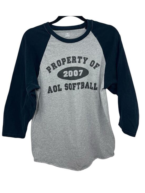 VTG America Online AOL Baseball Shirt 3/4 Sleeve Medium Gray Blue Raglan Y2k